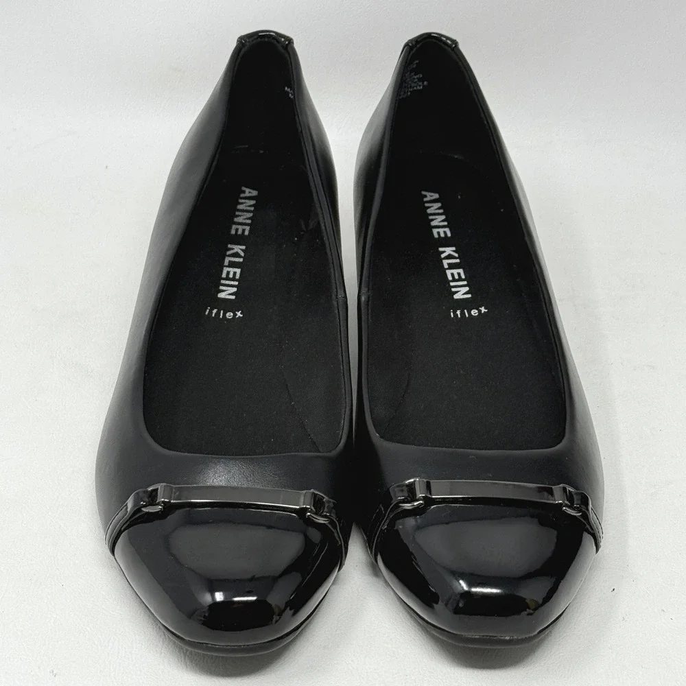 Anne Klein Marion Black Wedge Pumps Patent Shoe Women 9.5M Preppy Office Minimal